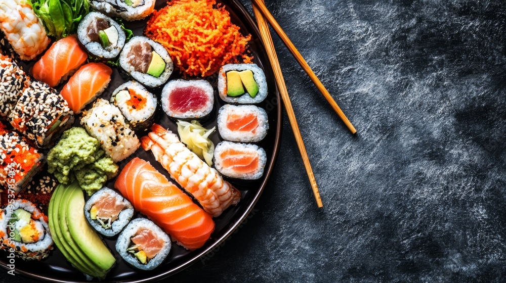 A high-quality stock image of a platter of assorted sushi rolls with chopsticks on the right side, leaving space on the left for text. Ideal for sushi menus, restaurant promotions, or culinary content A high-quality stock image of a platter of assorted sushi rolls with chopsticks on the right side, leaving space on the left for text. Ideal for sushi menus, restaurant promotions, or culinary content