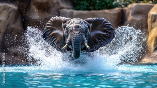 Fototapeta Naklejka Na Ścianę i Meble -  An elephant splashing water over itself in a zoo pool, with its large ears flapping.