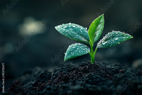 Green Sprout Emerging from Dark Soil with Dew Drops - Realistic Photo