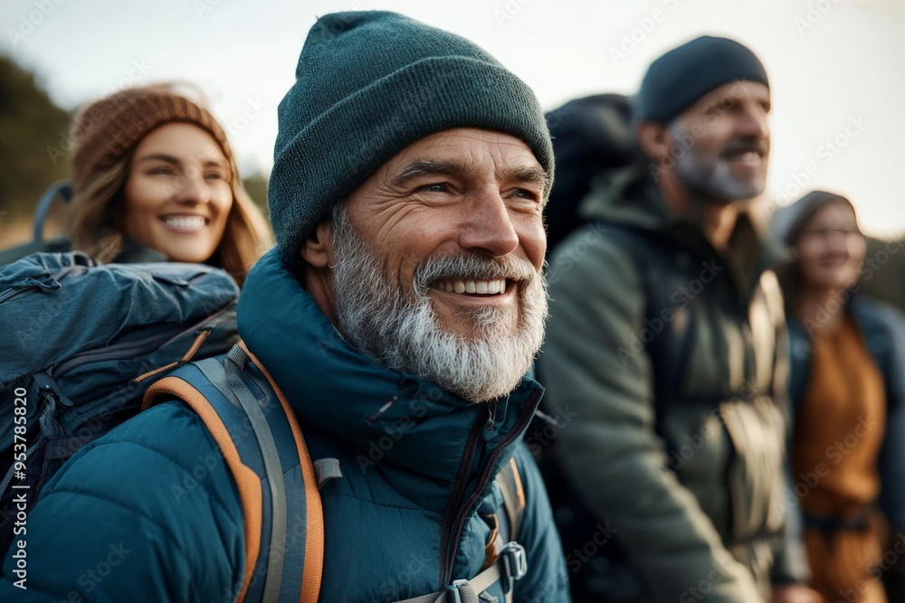A group of hikers dressed in warm gear share happy smiles as they trek through a scenic outdoor trail, capturing the joy and camaraderie of exploring nature together. A group of hikers dressed in warm gear share happy smiles as they trek through a scenic outdoor trail, capturing the joy and camaraderie of exploring nature together.