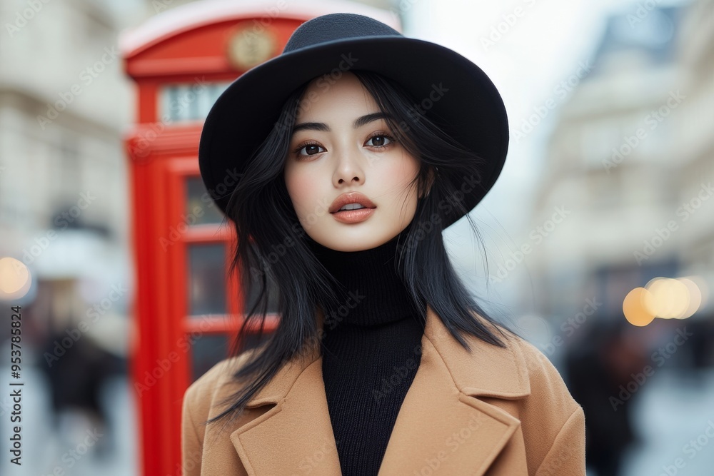 A stylish woman stands confidently in front of a red telephone booth, wearing a black hat and camel coat, showcasing modern fashion in an urban setting. A stylish woman stands confidently in front of a red telephone booth, wearing a black hat and camel coat, showcasing modern fashion in an urban setting.