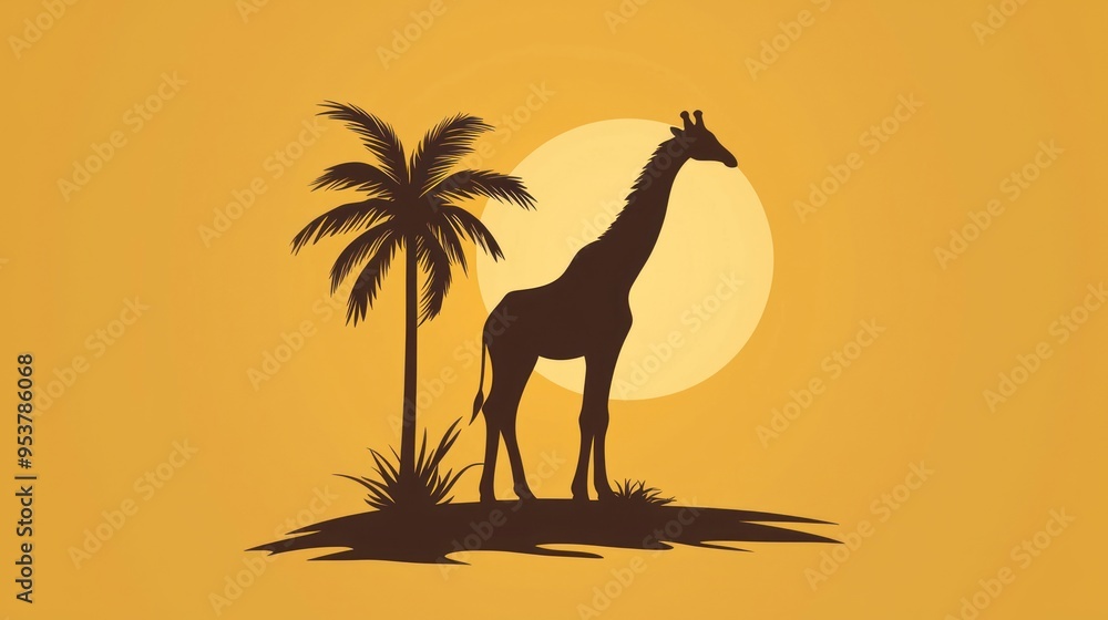 Fototapeta premium A zoo icon with a giraffe and palm tree silhouette, representing wildlife and nature.