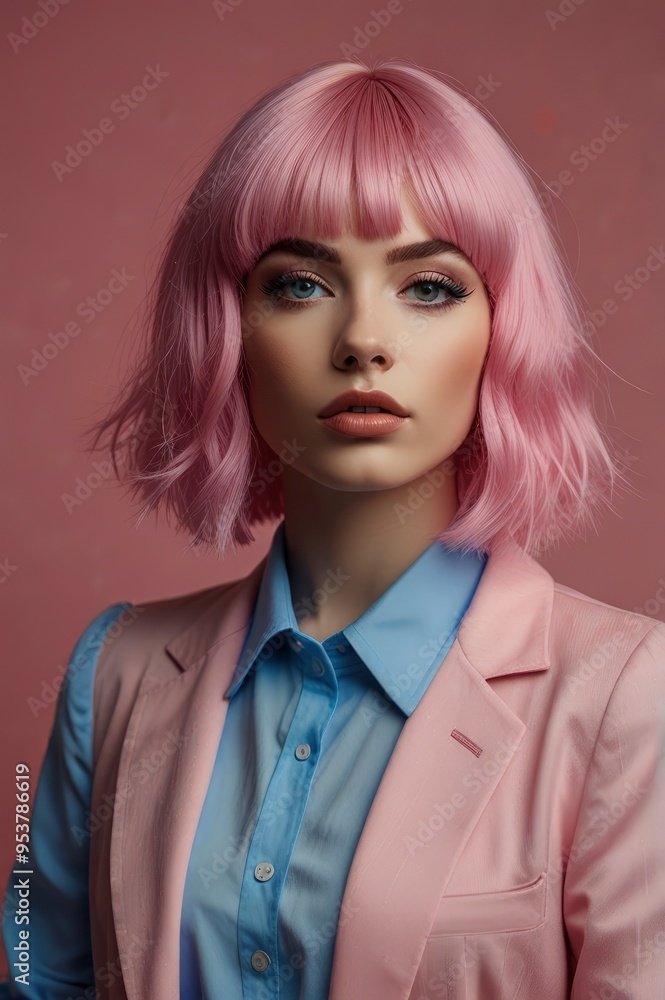 beautiful fashionable girl posing in blue wig, isolated on pink beautiful fashionable girl posing in blue wig, isolated on pink