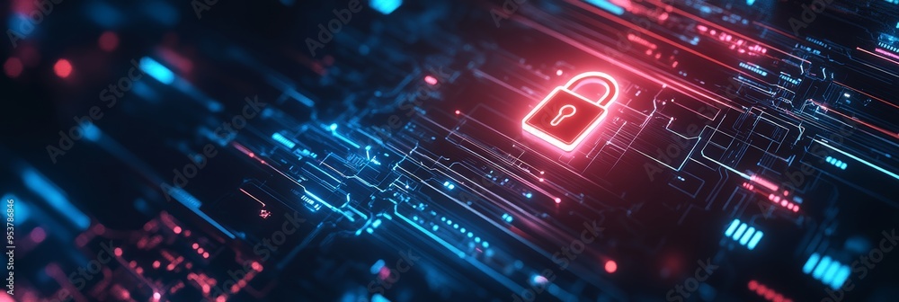 Fototapeta premium Neon lock icon on a digital circuit board background with futuristic blue and red tones. Concept of network security and encrypted data protection.
