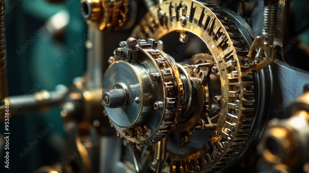 Close-up of intricate gears and mechanisms in a complex machine Close-up of intricate gears and mechanisms in a complex machine