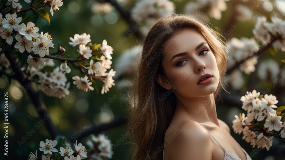 Exquisite woman with perfect skin near flowering tree Exquisite woman with perfect skin near flowering tree