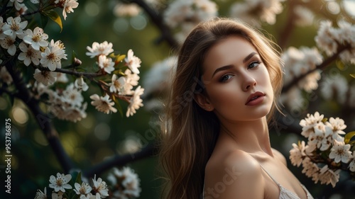 Exquisite woman with perfect skin near flowering tree