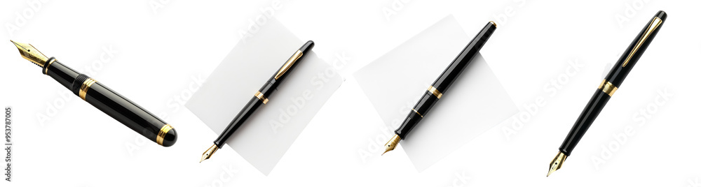 Black Fountain Pens with Gold Accents on White Background Black Fountain Pens with Gold Accents on White Background