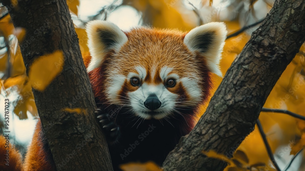 Fototapeta premium A close-up of a red panda in Chester Zoo, climbing through the trees of its habitat.