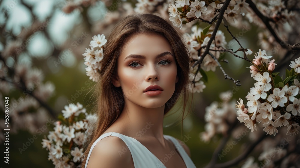 Exquisite woman with perfect skin near flowering tree Exquisite woman with perfect skin near flowering tree