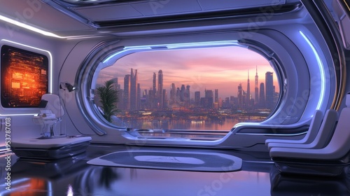 Futuristic Interior with Cityscape View