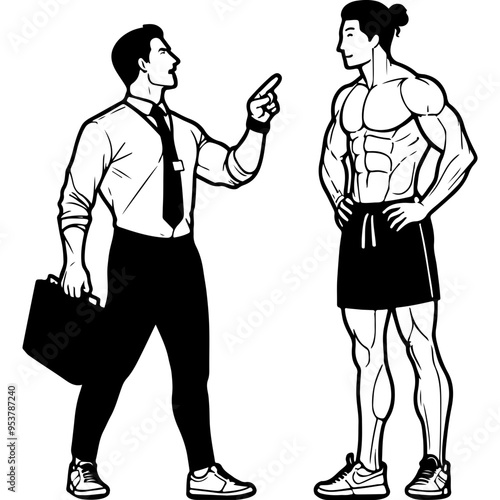 Businessman Pointing at Muscular Man.