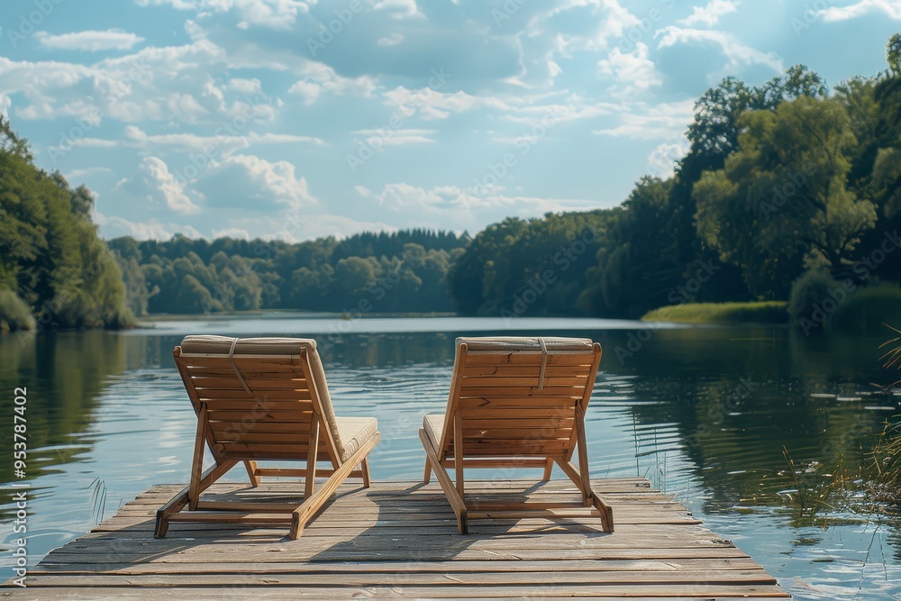Pair of wooden sun loungers with beige fabric on a dock by the lake, summer daytime scene in high resolution. Pair of wooden sun loungers with beige fabric on a dock by the lake, summer daytime scene in high resolution.