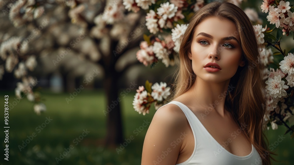 Exquisite woman with perfect skin near flowering tree Exquisite woman with perfect skin near flowering tree