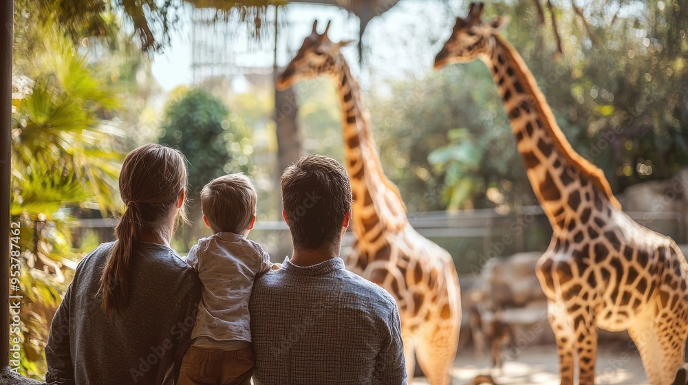 Naklejka premium A family watching a group of giraffes in a zoo enclosure, with the animals towering above them.