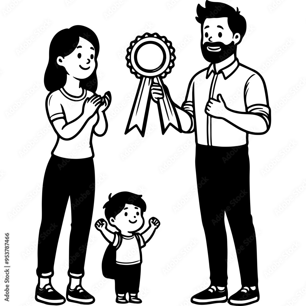 Proud Parents with a Child Holding an Award Ribbon. Proud Parents with a Child Holding an Award Ribbon.