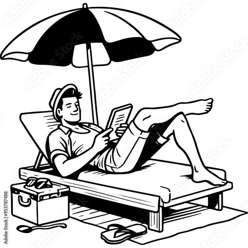 Man Relaxing on Beach Lounger Under Umbrella.