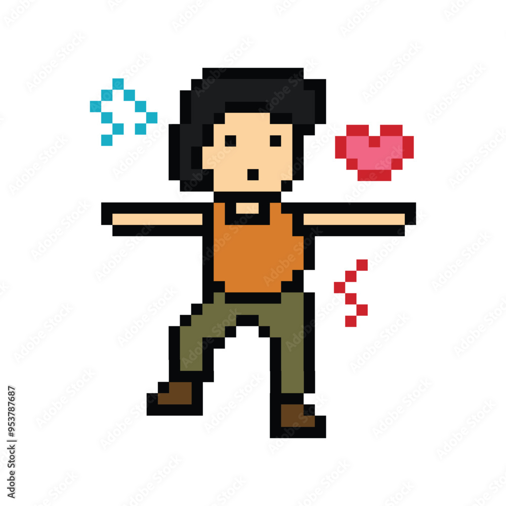 Cute pixel cartoon 8bit character man exercises training dance lifestyle music decoration life style 8 bit male boy dance with music game fitness isolated PNG vector. Cute pixel cartoon 8bit character man exercises training dance lifestyle music decoration life style 8 bit male boy dance with music game fitness isolated PNG vector.