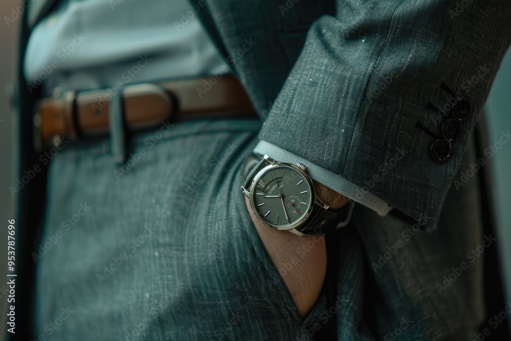 Poster Print Hand in pocket with wrist watch in a business suit close up 40x26.7 cm