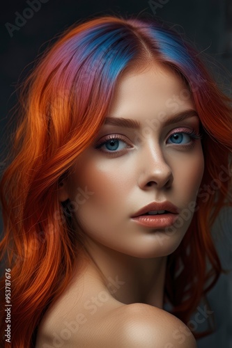 glowing skin concept, portrait of young woman with vibrant hair color