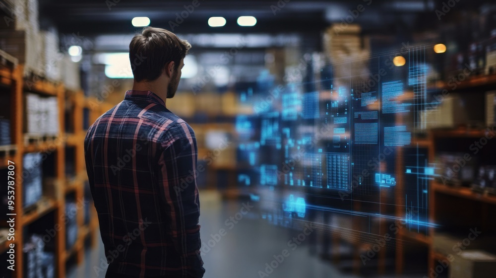 Man in Plaid Shirt Facing Digital Interface in a Warehouse Setting Man in Plaid Shirt Facing Digital Interface in a Warehouse Setting