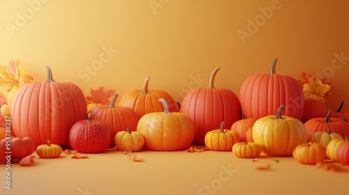 Vibrant Autumn Pumpkins and Leaves on Orange Background for Seasonal and Harvest Themes