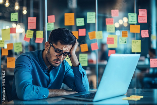 A businessman sitting at his desk in front of the laptop with his head down, holding his face and feeling pressured about work with sticky notes on the glass wall behind him. photo