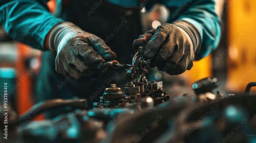 Close-up of a Mechanic's Hands Working on a Car Engine Close-up of a Mechanic's Hands Working on a Car Engine