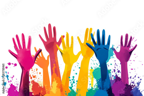 Colorful hands raised in celebration at a festival isolated on transparent background