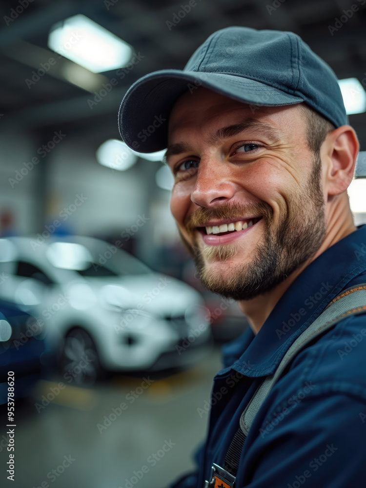 A mechanic wearing a cap smiles cheerfully in a garage, with cars and tools in the background, conveying a sense of amiability and contentment in his work environment. A mechanic wearing a cap smiles cheerfully in a garage, with cars and tools in the background, conveying a sense of amiability and contentment in his work environment.