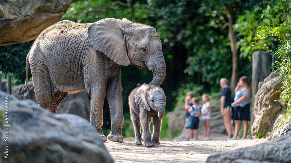 Fototapeta premium A baby elephant walking alongside its mother in a zoo, with visitors watching in awe.