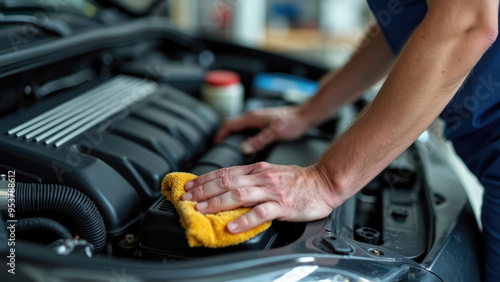 This image captures hands meticulously polishing a car engine with a yellow cloth, emphasizing the importance of detailed care, cleanliness, and dedication in maintaining vehicular mechanical componen