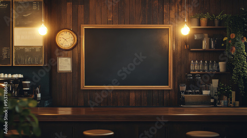 Fototapeta Naklejka Na Ścianę i Meble -  A restaurant with a blackboard on the wall and wooden barstools