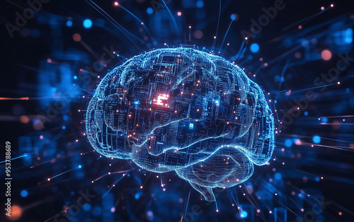 A digital brain made of circuitry and binary code, with glowing blue wires connecting various data points representing different aspects of artificial intelligence