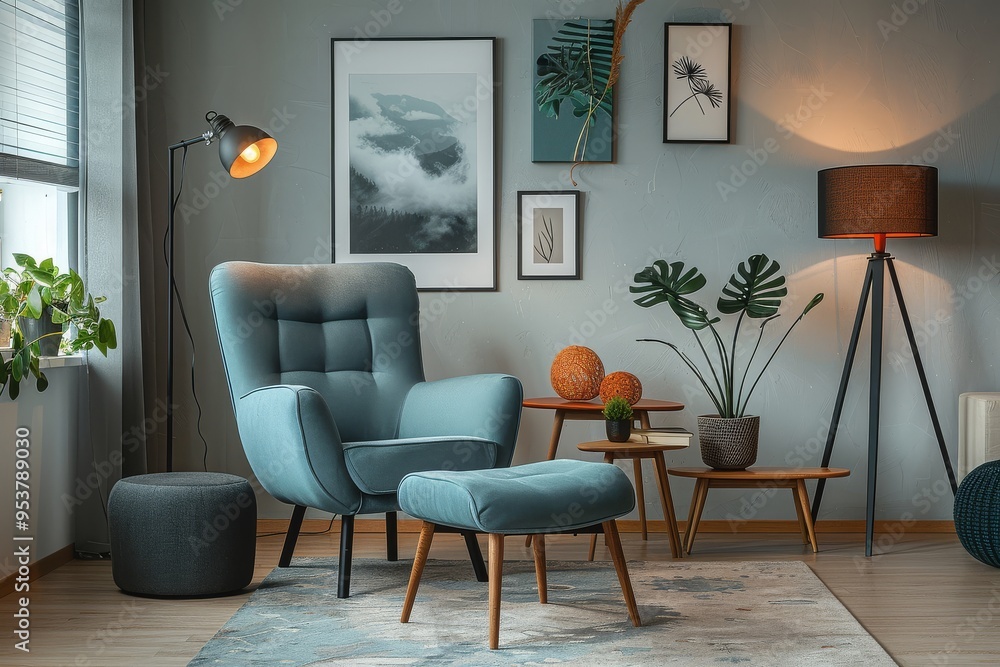 Modern living room with grey and blue furniture, light turquoise armchair, plush footstools, and stylish home decor. Modern living room with grey and blue furniture, light turquoise armchair, plush footstools, and stylish home decor.