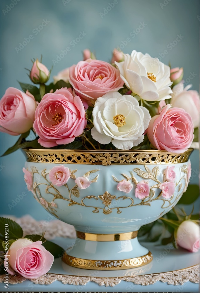 A cup of tea with flowers on a table, featuring a pink rose bouquet and a sweet dessert. A cup of tea with flowers on a table, featuring a pink rose bouquet and a sweet dessert.