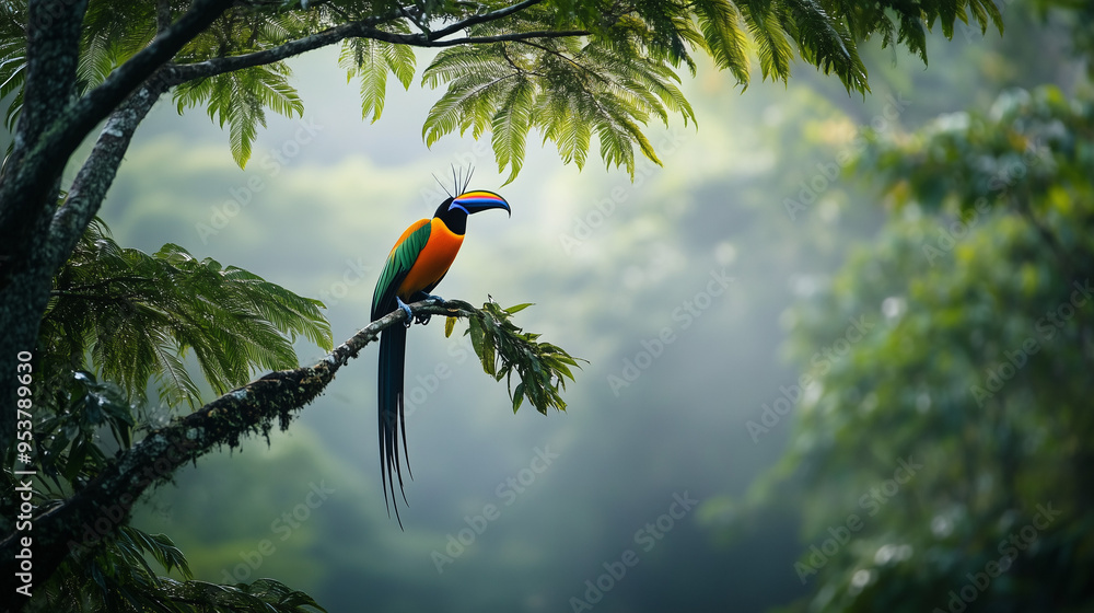 Obraz premium Bird of Paradise, perched among the branches of a tall tree in the rainforest, thin mist floating in the air, Ai generated images