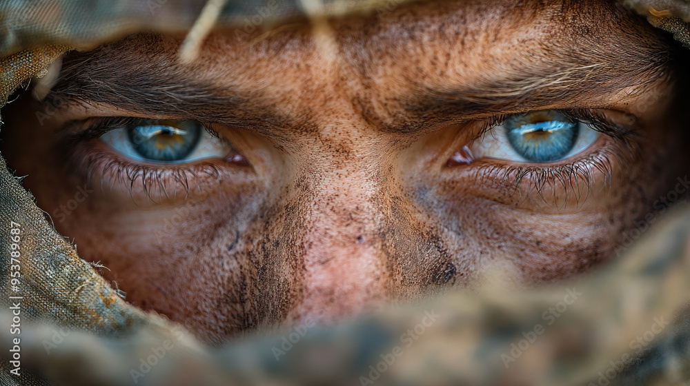 Detailed close-up of a soldier's piercing blue eyes peering through rugged camouflage, evoking a sense of determination, focus, and the harsh realities of tactical field operations. Detailed close-up of a soldier's piercing blue eyes peering through rugged camouflage, evoking a sense of determination, focus, and the harsh realities of tactical field operations.