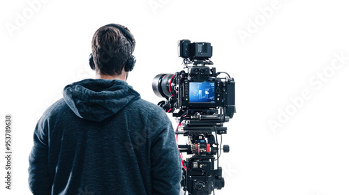 Plakat Camera operator preparing equipment for a shoot isolated on transparent background