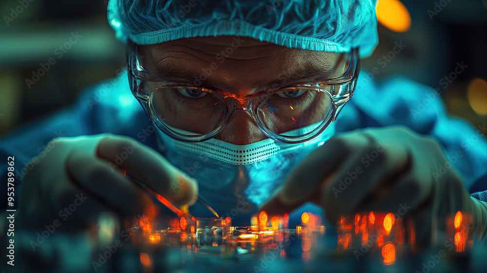 This image captures a high-tech laboratory scene where sophisticated robots are employed for intricate operations. The setup underscores technological advancements and precise medical applications. This image captures a high-tech laboratory scene where sophisticated robots are employed for intricate operations. The setup underscores technological advancements and precise medical applications.