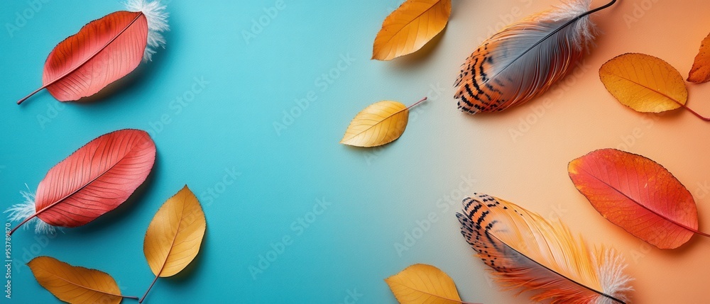 Colorful Autumn Leaves and Feathers on a Vibrant Gradient Background Colorful Autumn Leaves and Feathers on a Vibrant Gradient Background