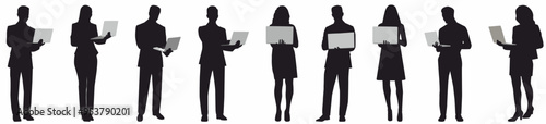 business people group standing and working at laptop vector silhouette set.