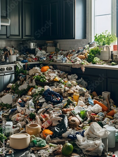 Messy Kitchen Countertop with Trash and Garbage