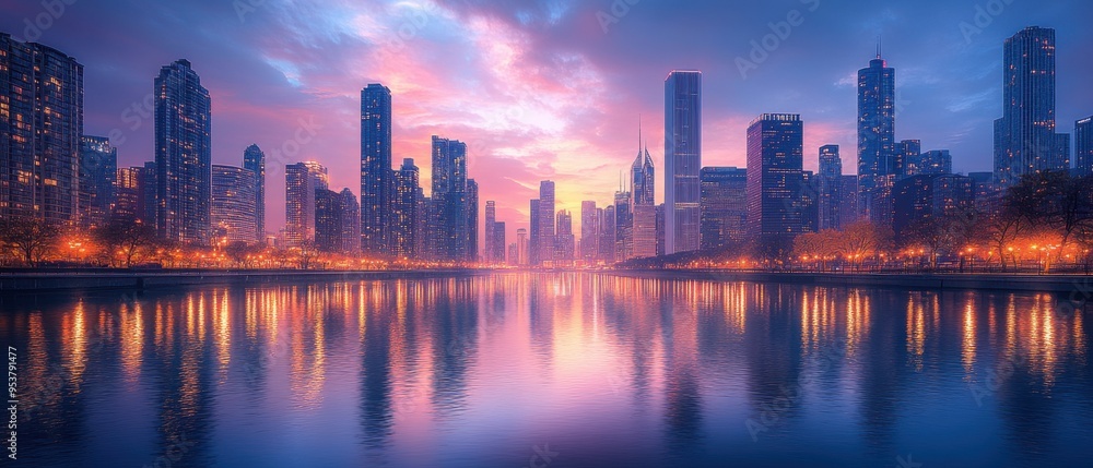 Stunning Urban Skyline at Dusk with Reflective Water and Vibrant Sunset Colors Stunning Urban Skyline at Dusk with Reflective Water and Vibrant Sunset Colors