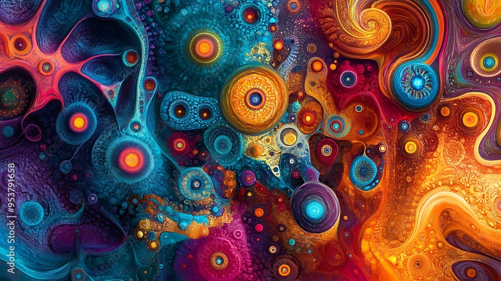 Abstract Cosmic Landscape with Swirling Colors and Circular Forms Abstract Cosmic Landscape with Swirling Colors and Circular Forms
