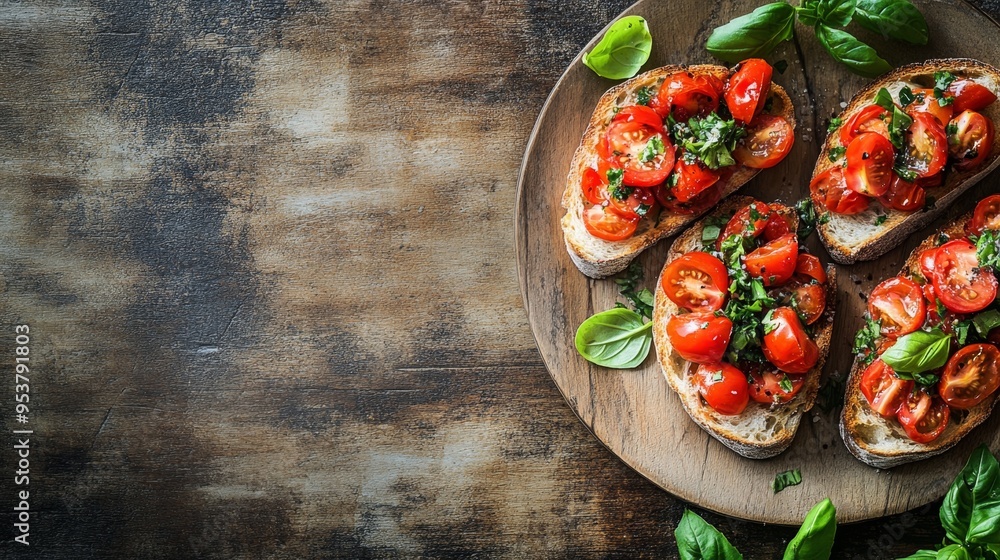 A high-quality stock image of a plate of Italian bruschetta with tomatoes and basil on the right side, leaving space on the left for text. Ideal for Italian appetizers, restaurant menus. A high-quality stock image of a plate of Italian bruschetta with tomatoes and basil on the right side, leaving space on the left for text. Ideal for Italian appetizers, restaurant menus.