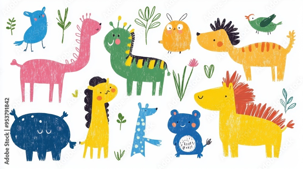 A playful and whimsical hand-drawn image of various animals, created by a 3-year-old. The colorful characters are isolated on a white background, full of charm. A playful and whimsical hand-drawn image of various animals, created by a 3-year-old. The colorful characters are isolated on a white background, full of charm.