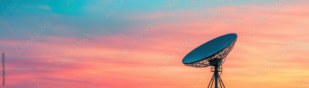 A satellite dish silhouetted against a colorful sunset sky, highlighting technology and communication. A satellite dish silhouetted against a colorful sunset sky, highlighting technology and communication.