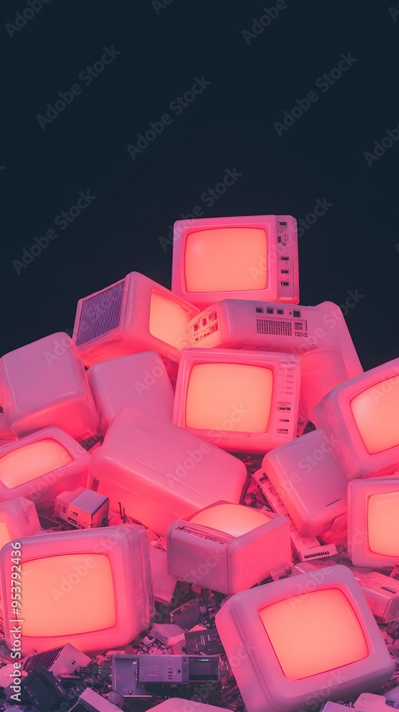 Obraz premium Vintage Televisions Stacked in Pink Neon Light