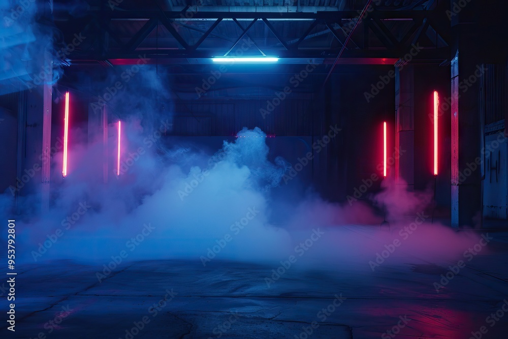 Naklejka premium Dark studio room with neon lights and futuristic technology.